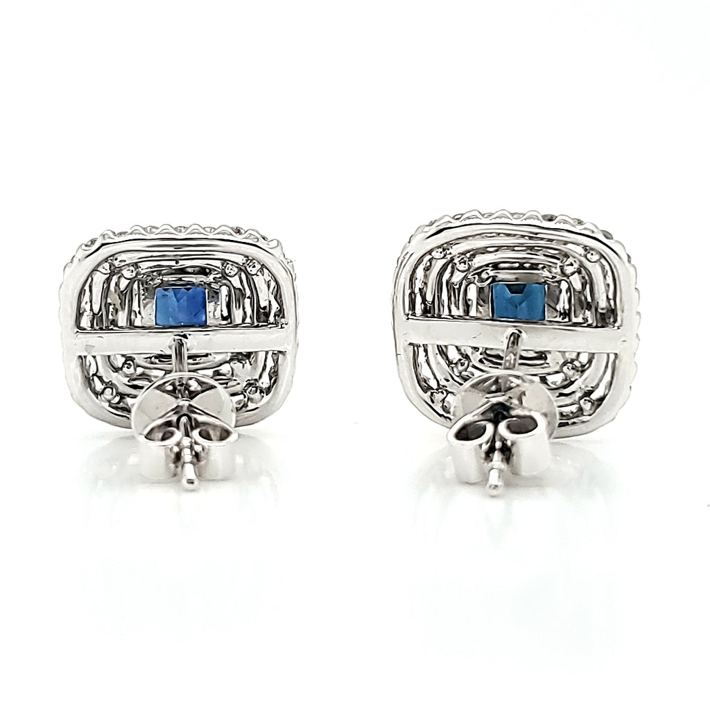 18k White Gold Blue Sapphire and Diamond Halo Earrings