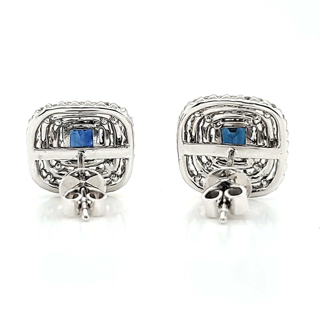 18k White Gold Blue Sapphire and Diamond Halo Earrings