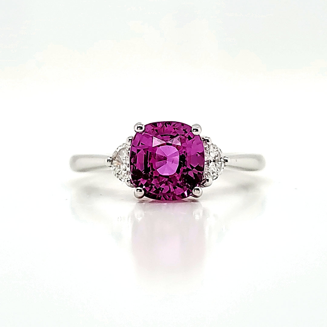 GRS Certified Cushion Vivid Pink Sapphire Cts 2.32 Half Moon Diamond Engagement