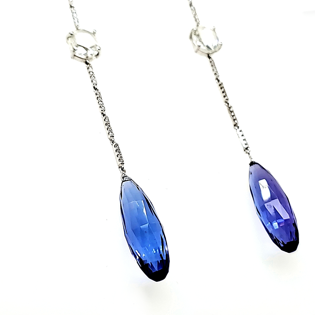 Tanzanite and Rose-Cut Diamond Drop Earrings in 18k White Gold