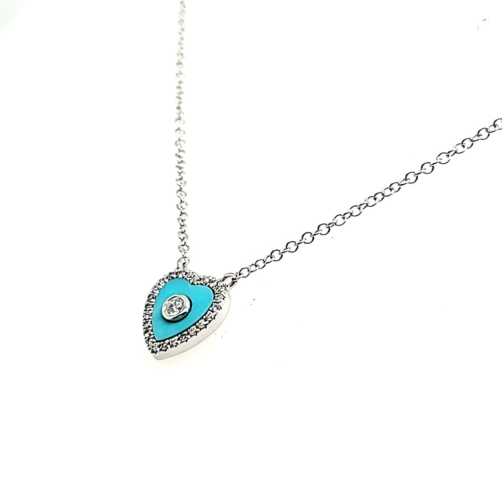 18k White Gold Turquoise Cts 0.29 and Round Diamond Cts 0.11 Necklace