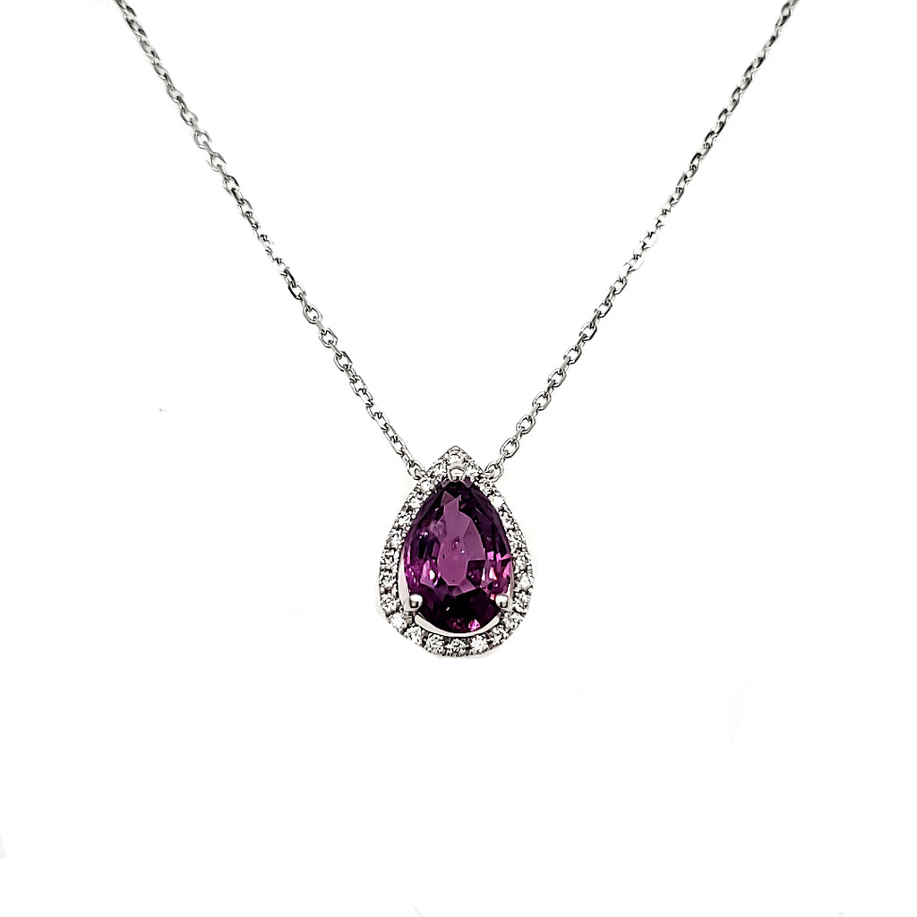 18k White Gold Pear-Shaped Purple Sapphire Cts 2.43 Round Diamond Necklace
