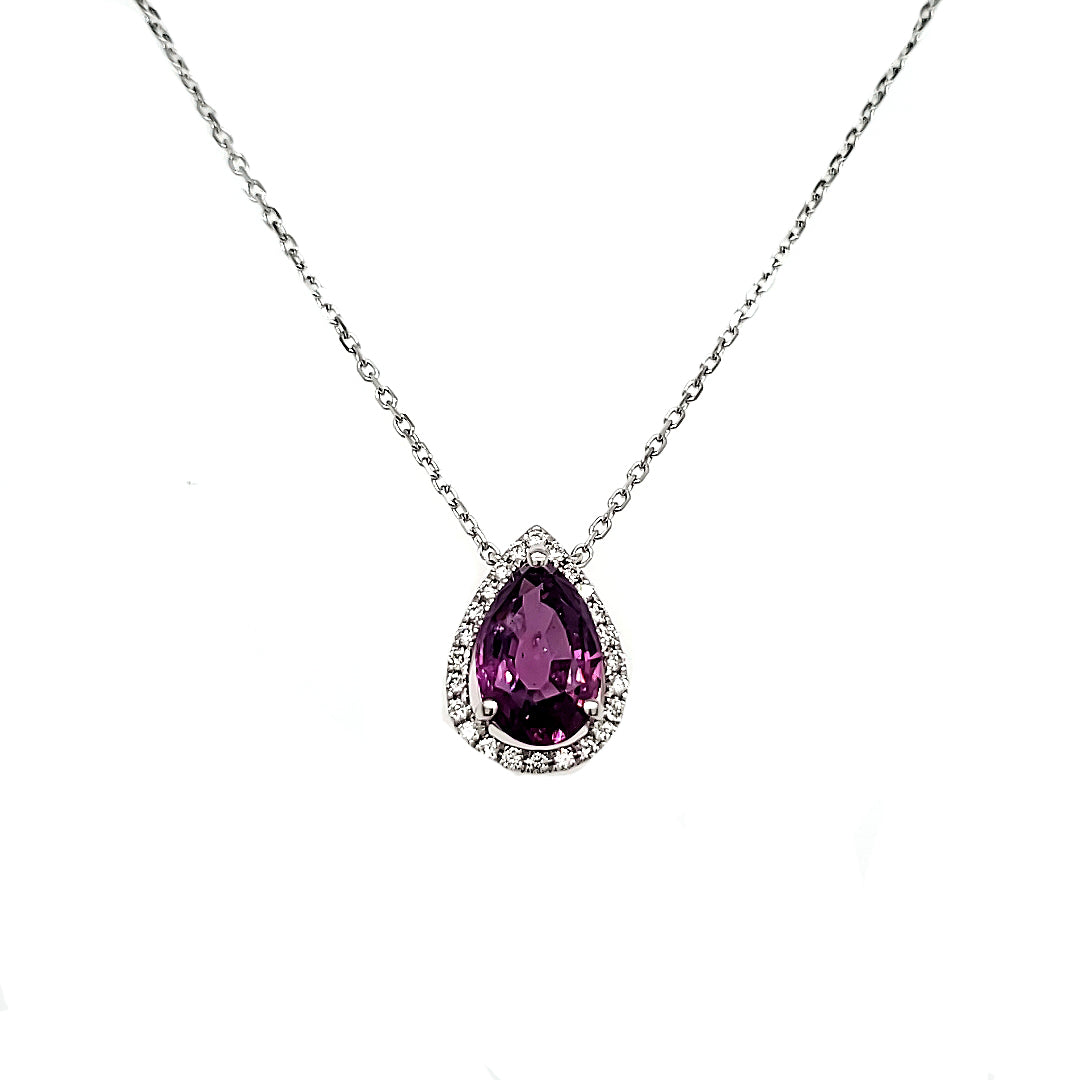 18k White Gold Pear-Shaped Purple Sapphire Cts 2.43 Round Diamond Necklace