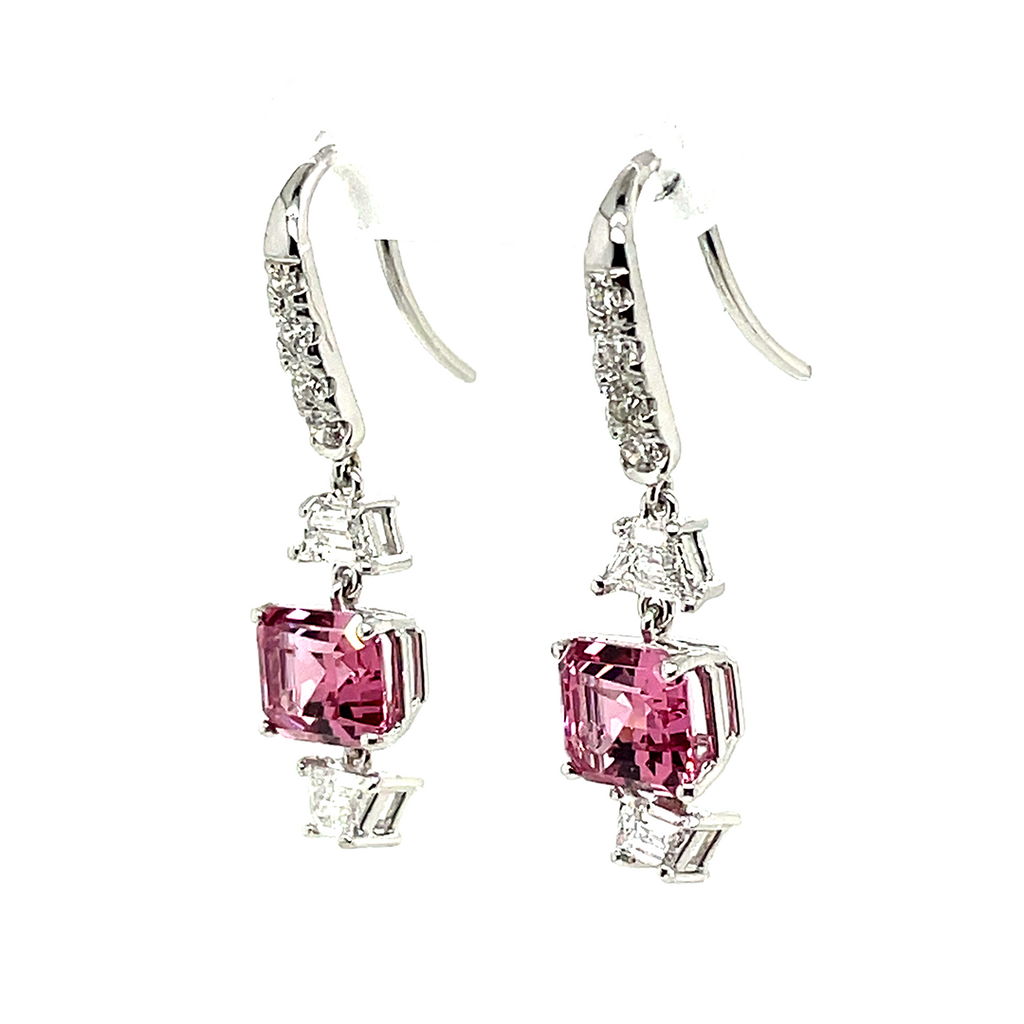 No Heat Pink Spinel Cts 4.21 and Diamond Dangle Earrings