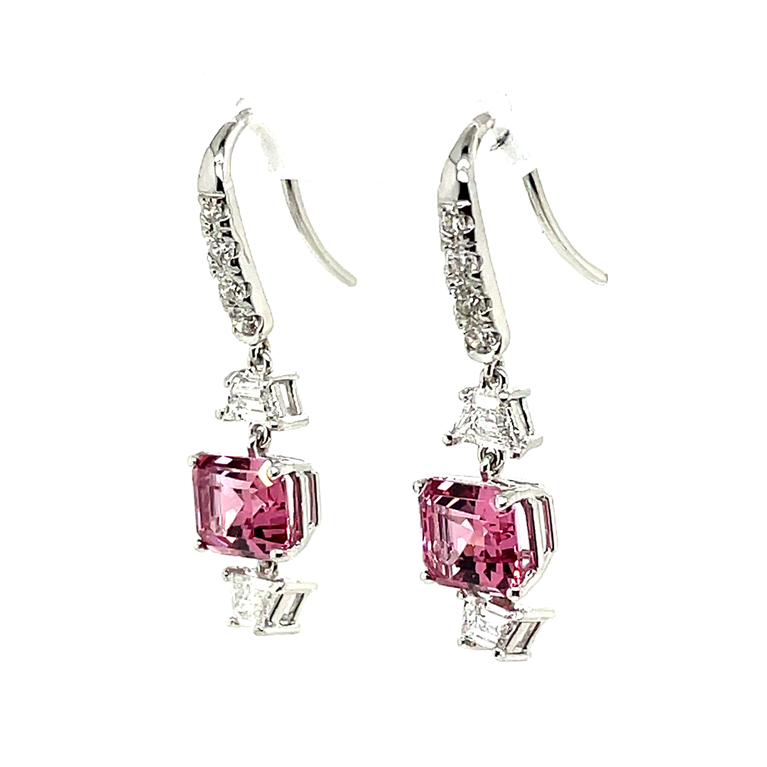 No Heat Pink Spinel Cts 4.21 and Diamond Dangle Earrings