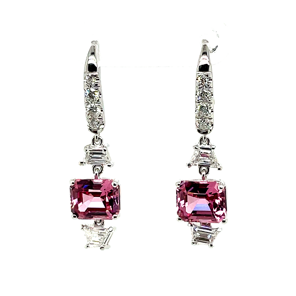 No Heat Pink Spinel Cts 4.21 and Diamond Dangle Earrings