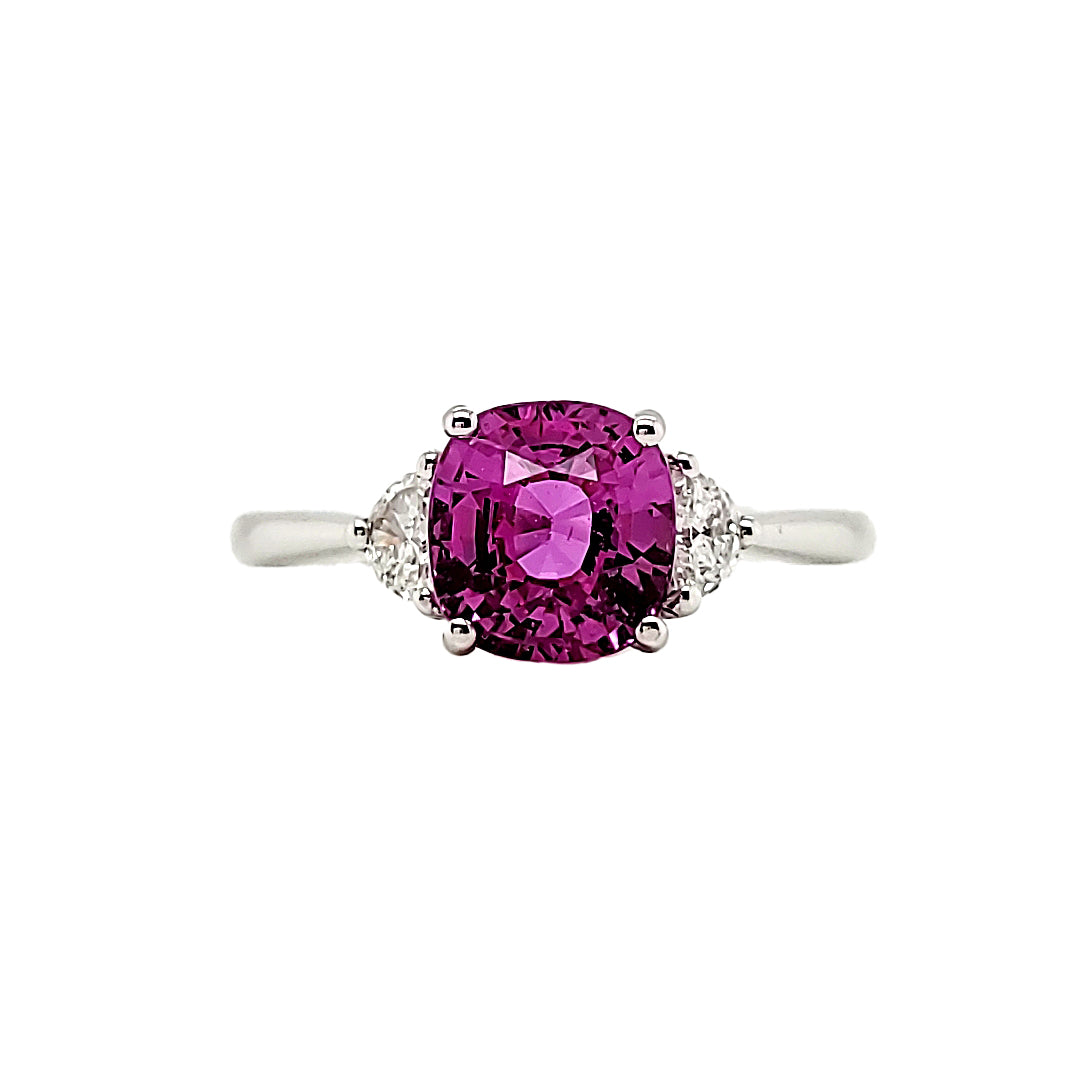 GRS Certified Cushion Vivid Pink Sapphire Cts 2.32 Half Moon Diamond Engagement