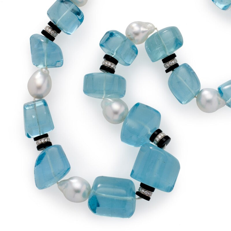 White Gold, Aquamarine, Cultured Pearl, Onyx and Diamond Bead Necklace