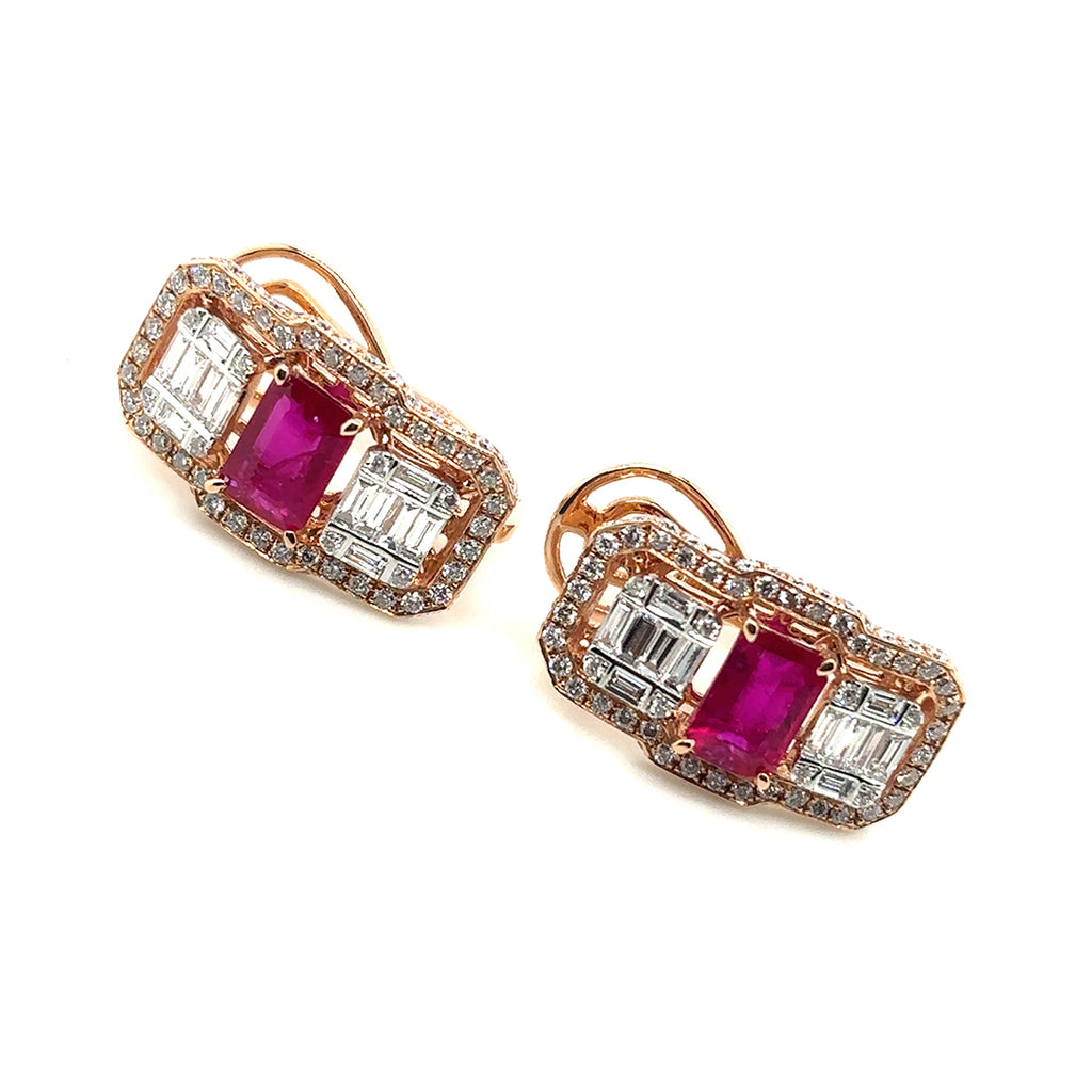 18K Ruby Diamond Rectangle Earrings - BV 1