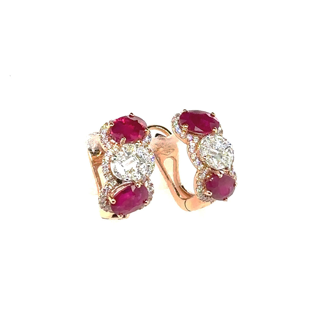 Three Stones Ruby Diamond Oval Earrings - BV 5