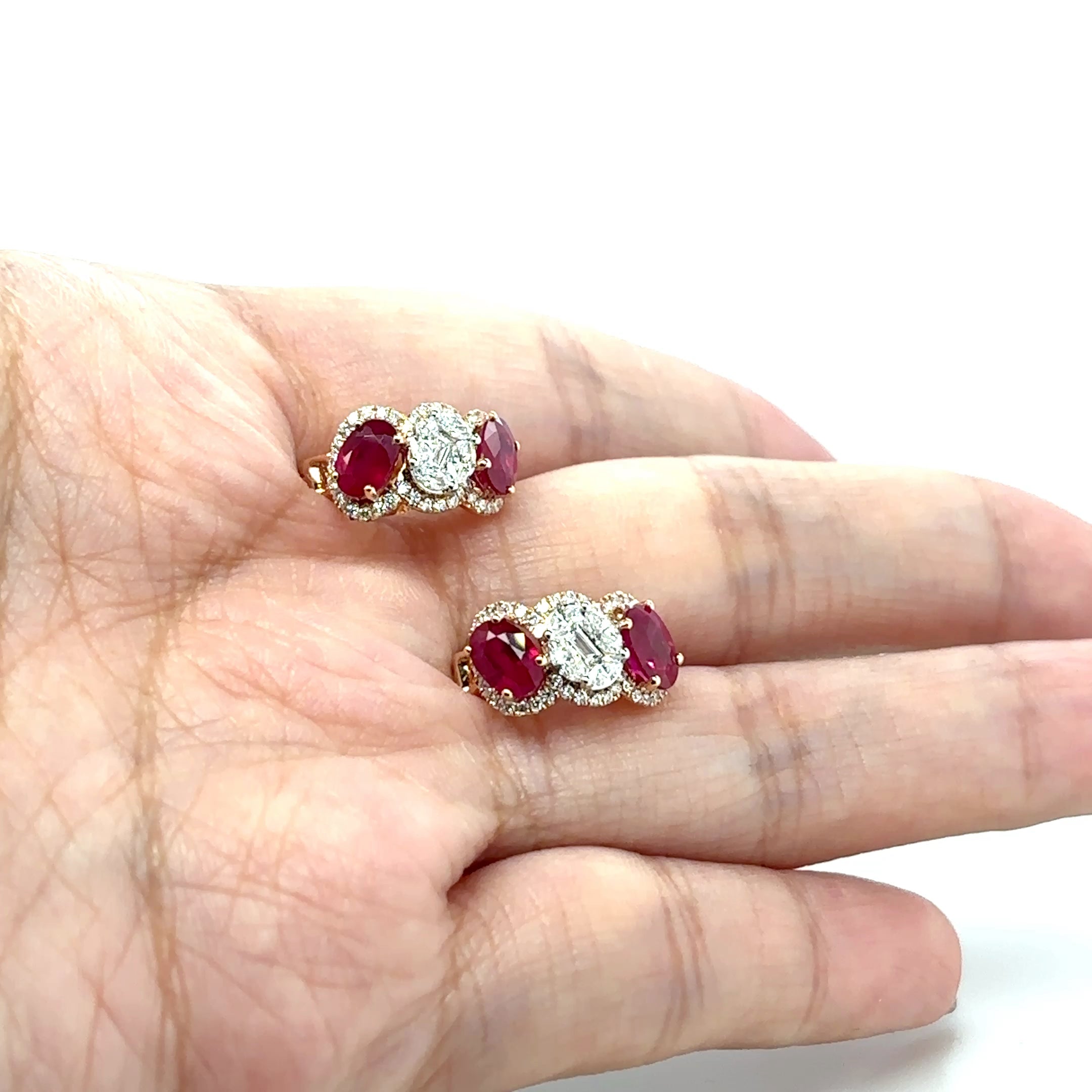 Three Stones Ruby Diamond Oval Earrings - BV 5