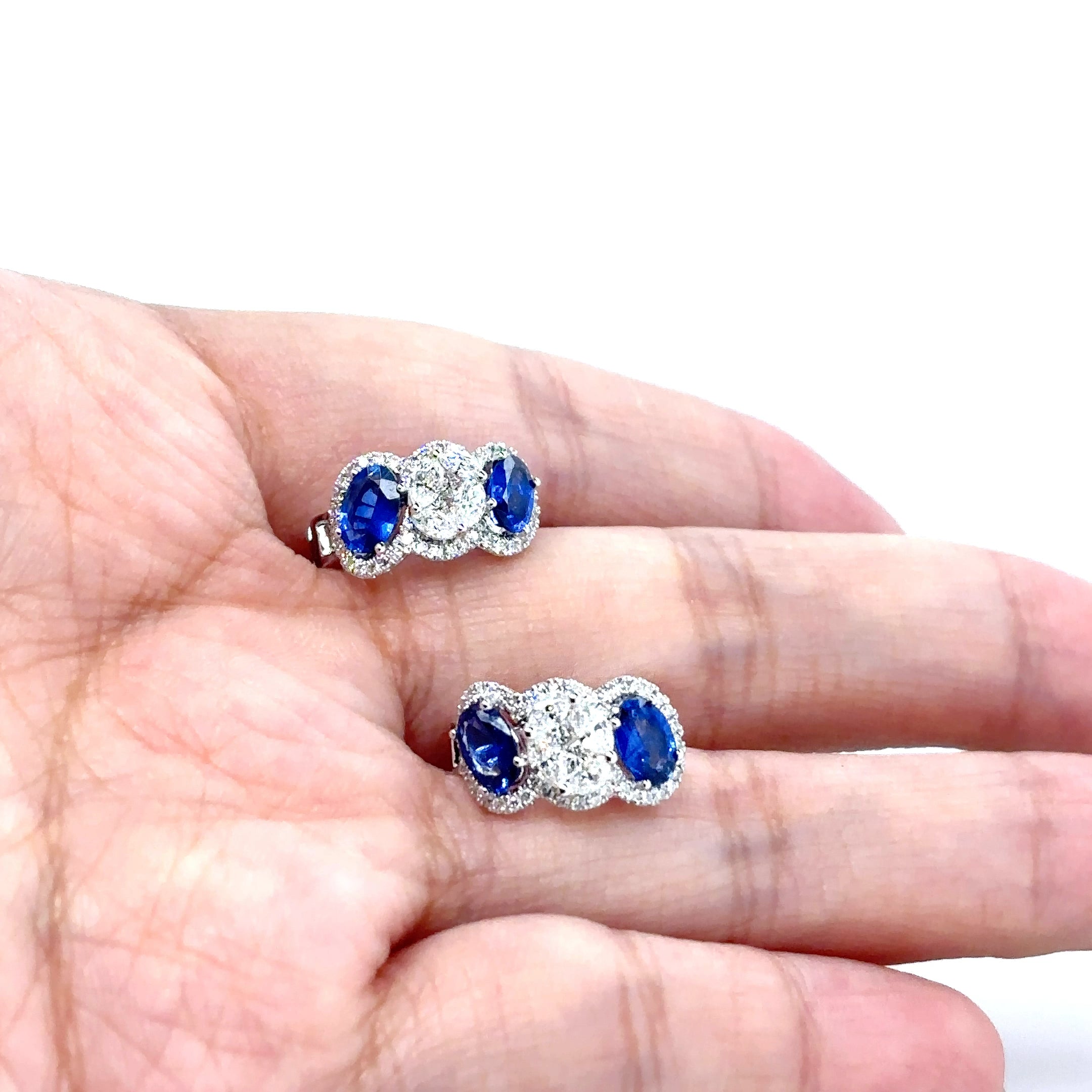 Three Stones Sapphire Diamond Oval Earrings - BV 6