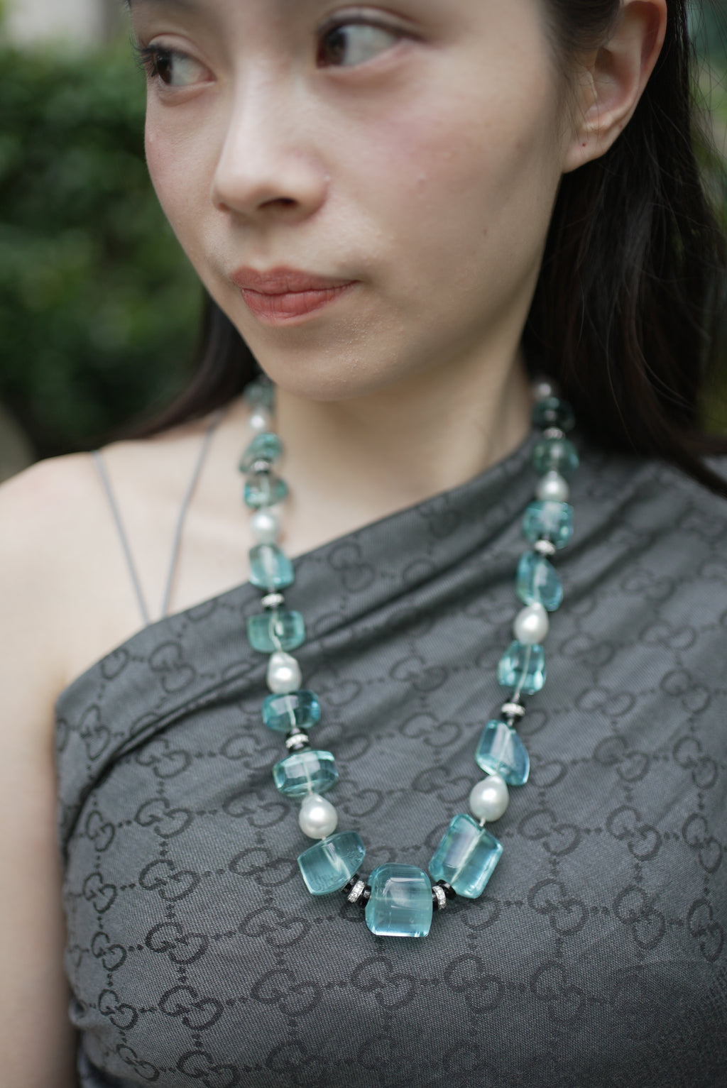 White Gold, Aquamarine, Cultured Pearl, Onyx and Diamond Bead Necklace