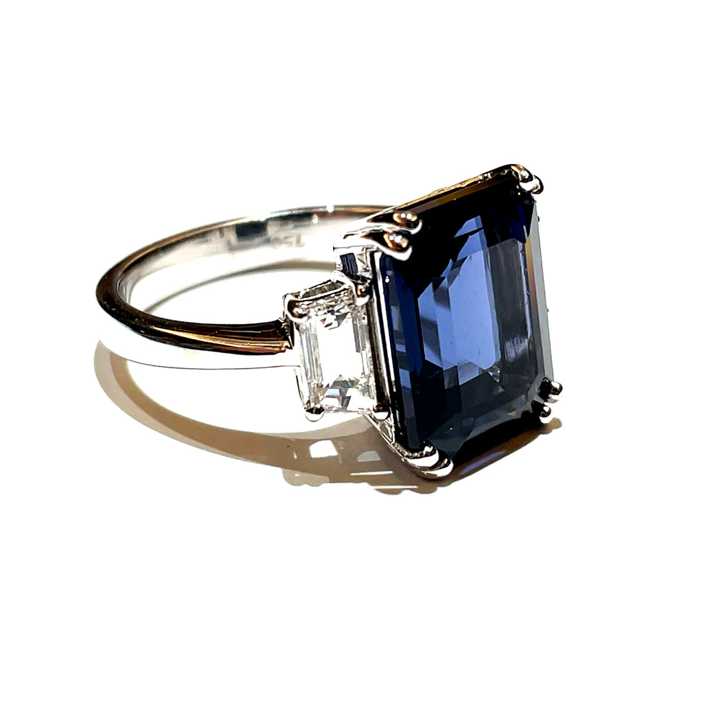 GRS Certified 6.91 carats Natural Sri Lankan Greyish Blue Spinel Octagon Diamond Engagement Ring