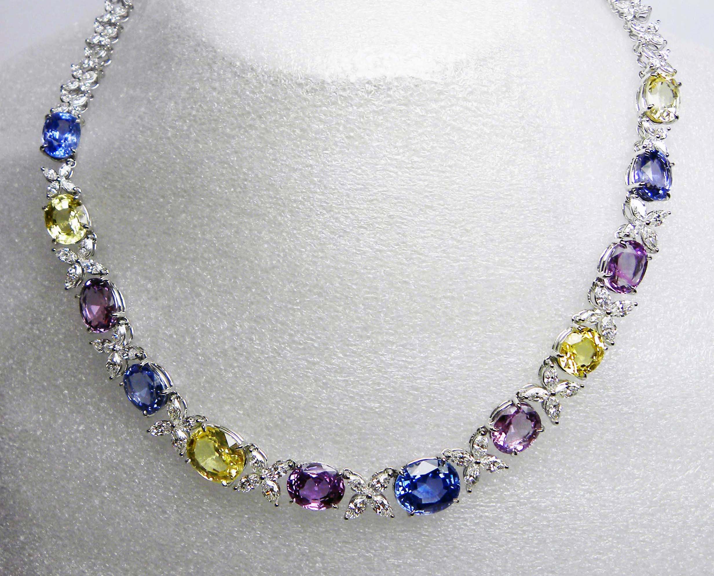 GIA Certified Sri Lanka Blue, Purple and Pink Sapphires White Gold Necklace