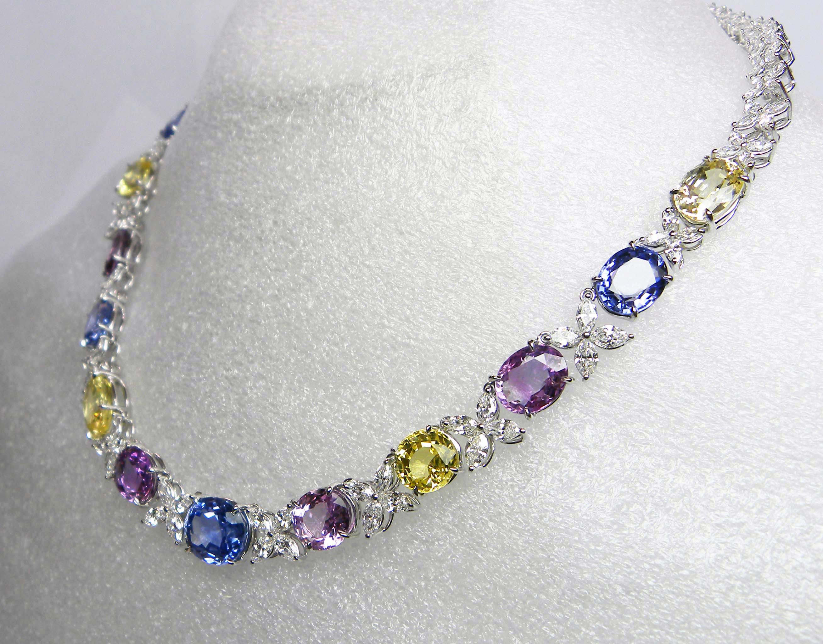 GIA Certified Sri Lanka Blue, Purple and Pink Sapphires White Gold Necklace