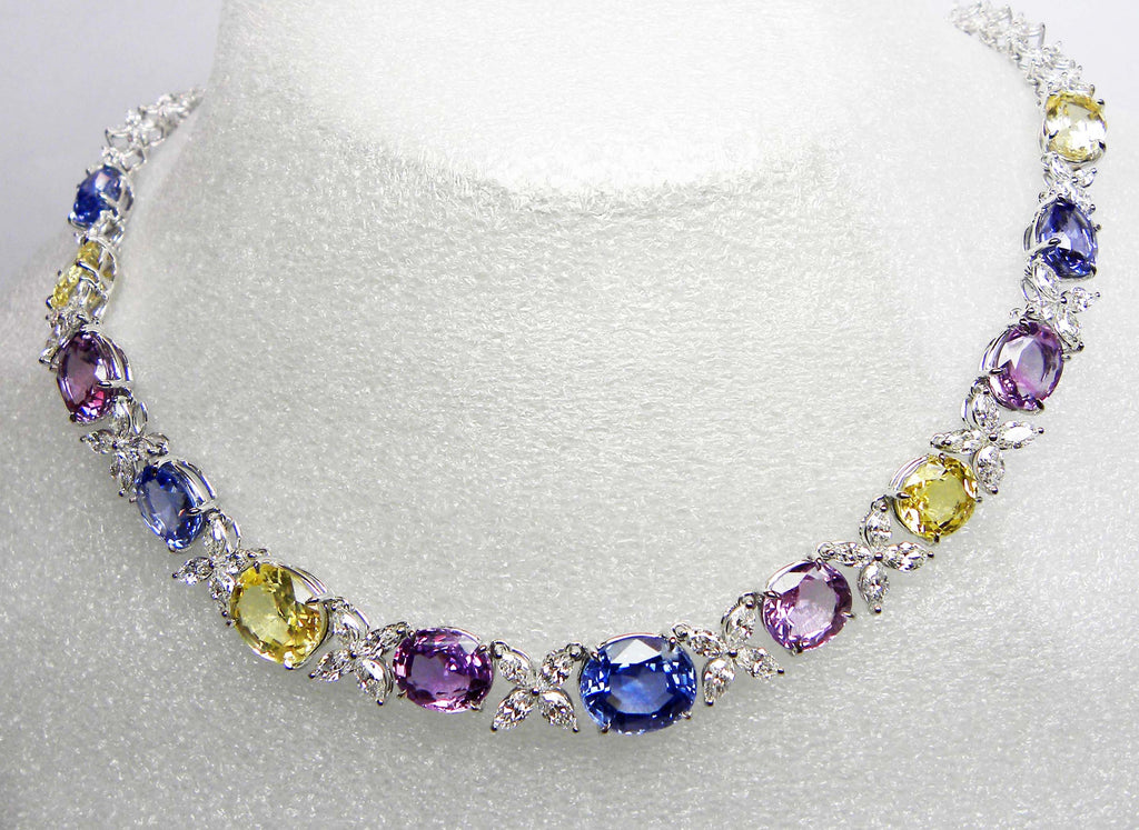 GIA Certified Sri Lanka Blue, Purple and Pink Sapphires White Gold Necklace