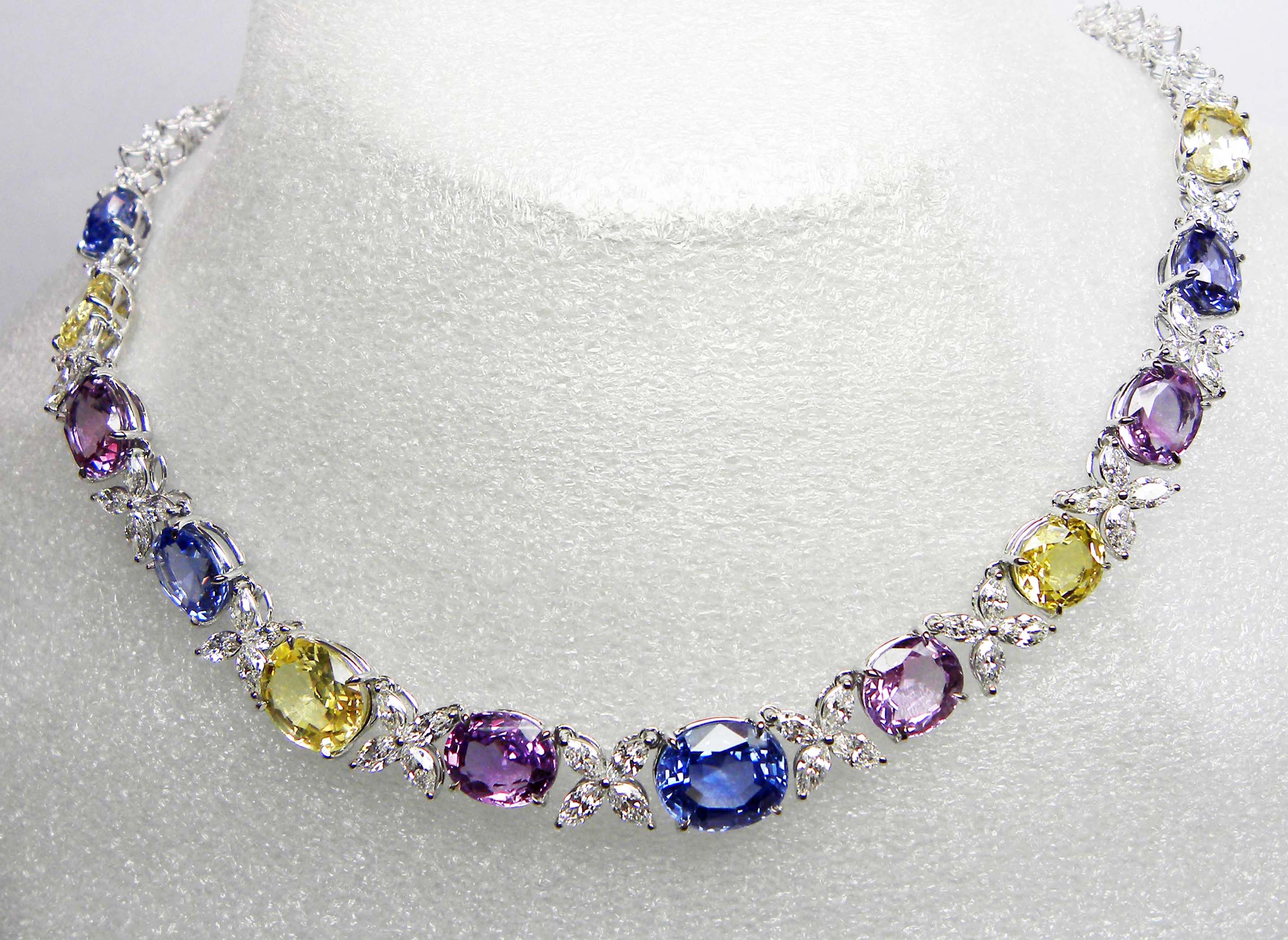 GIA Certified Sri Lanka Blue, Purple and Pink Sapphires White Gold Necklace