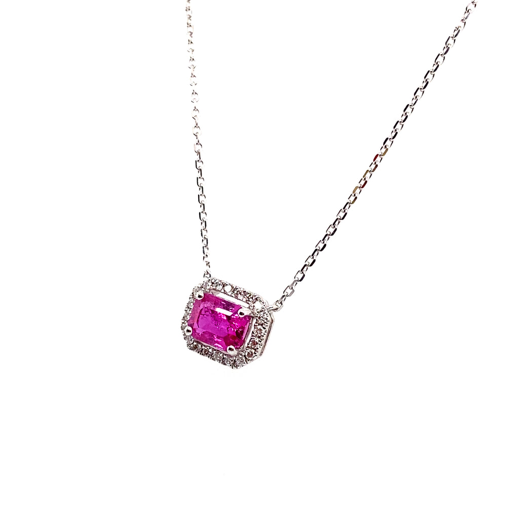 1.22 Carat Octagon-Cut Burma No Heat Ruby and White Diamond Pendant Necklace