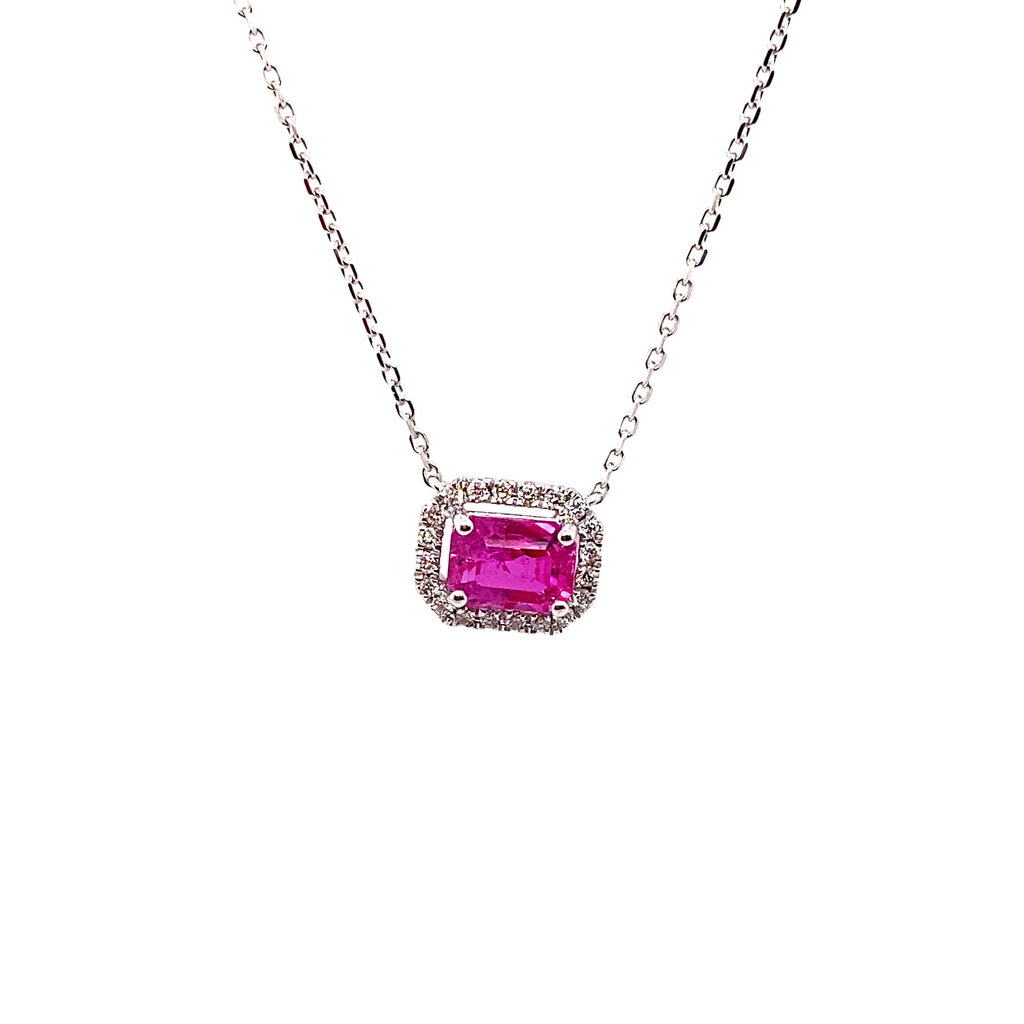 1.22 Carat Octagon-Cut Burma No Heat Ruby and White Diamond Pendant Necklace