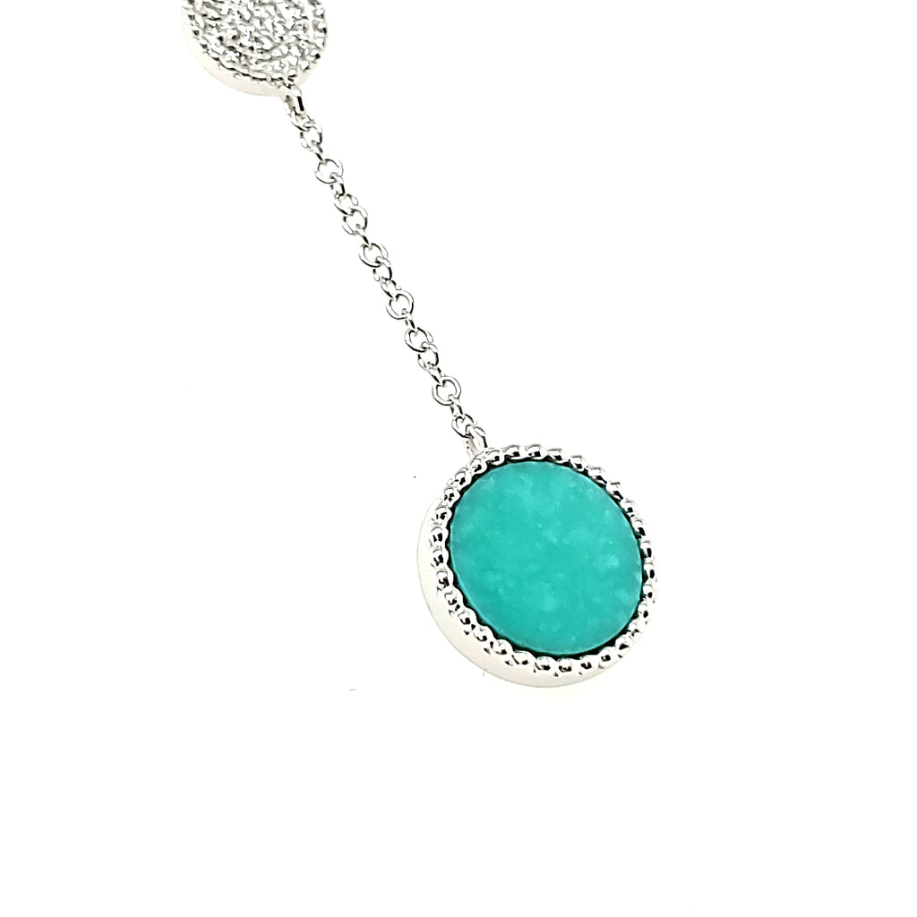 18k White Gold Circle Turquoise Cts 0.88 and Round Diamond Lariat Necklace