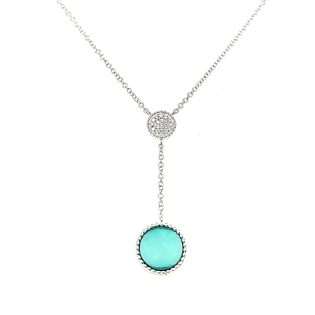 18k White Gold Circle Turquoise Cts 0.88 and Round Diamond Lariat Necklace