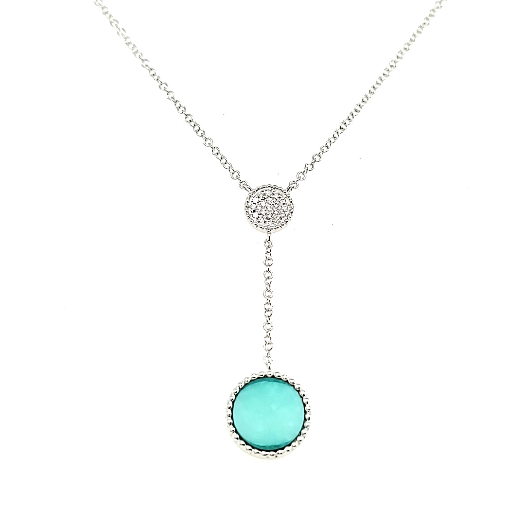 18k White Gold Circle Turquoise Cts 0.88 and Round Diamond Lariat Necklace
