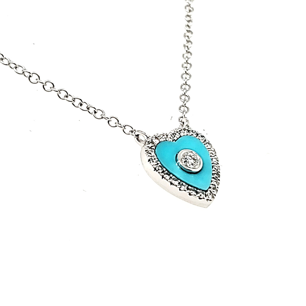 18k White Gold Turquoise Cts 0.29 and Round Diamond Cts 0.11 Necklace