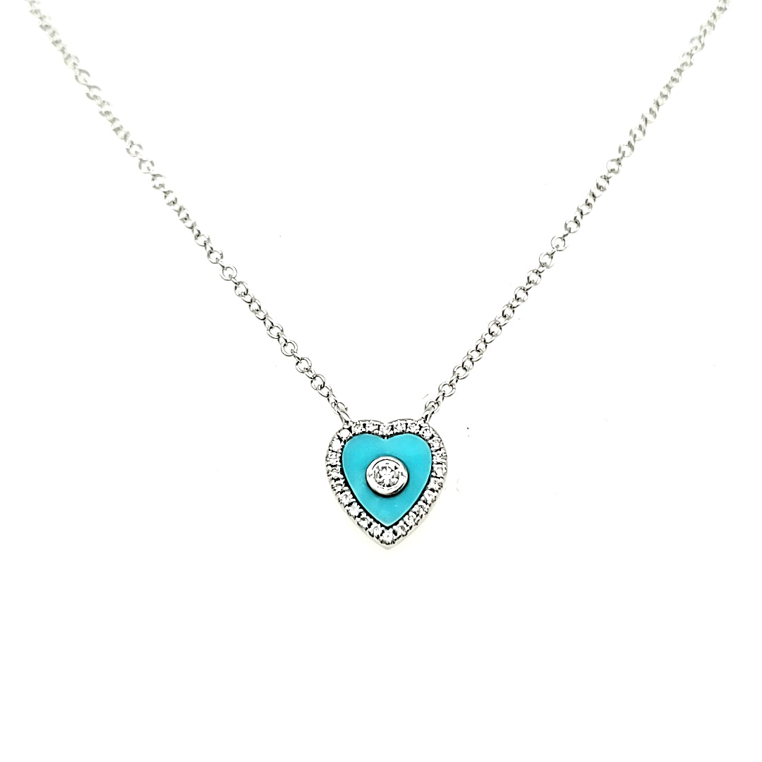 18k White Gold Turquoise Cts 0.29 and Round Diamond Cts 0.11 Necklace
