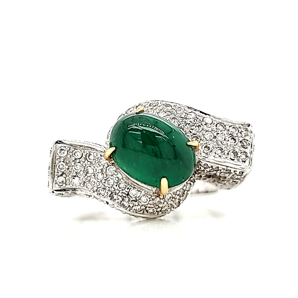 Emerald Cabuchon Cts 2.11 and Diamond Engagement Ring