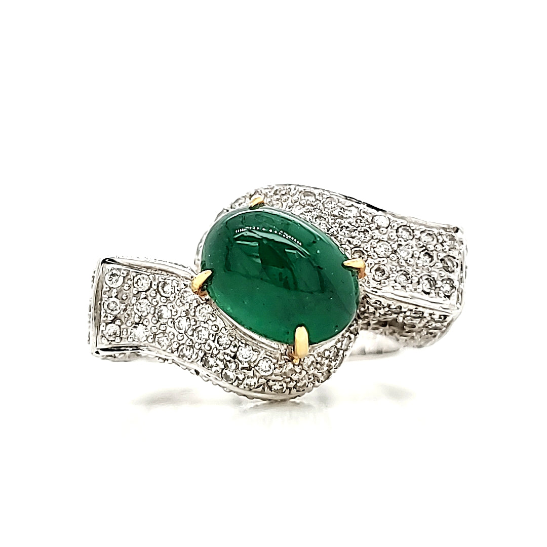 Emerald Cabuchon Cts 2.11 and Diamond Engagement Ring