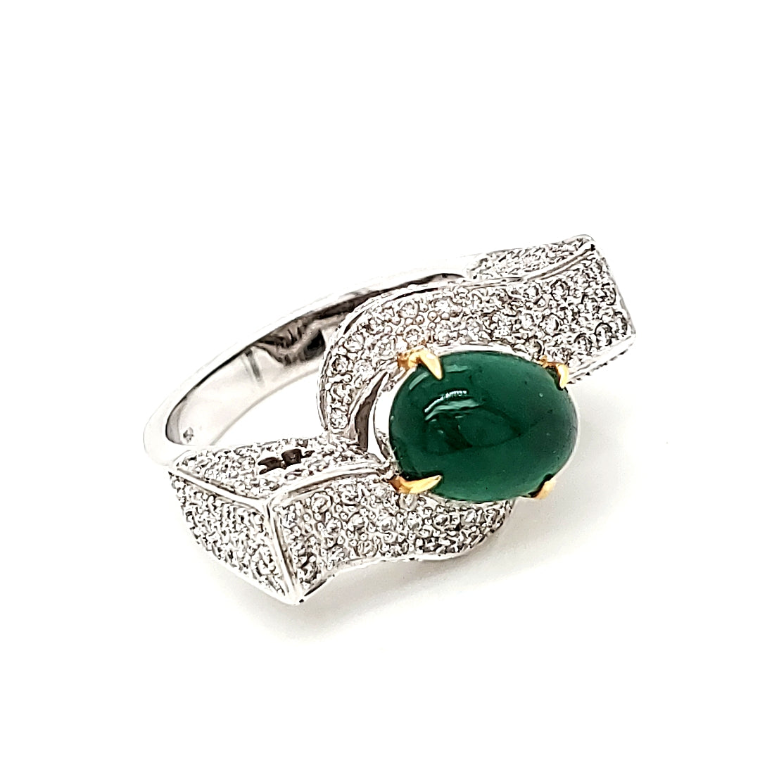 Emerald Cabuchon Cts 2.11 and Diamond Engagement Ring