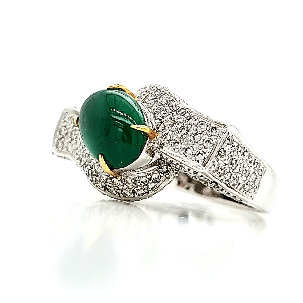 Emerald Cabuchon Cts 2.11 and Diamond Engagement Ring