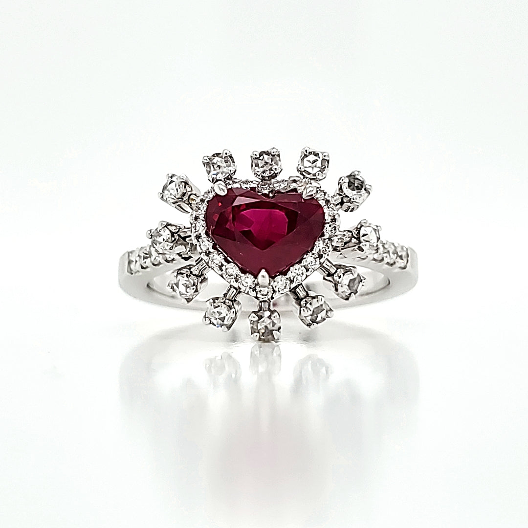 GRS Certified Burmese Pigeon's Blood Ruby Heart and Rose Cut Round Diamond Ring
