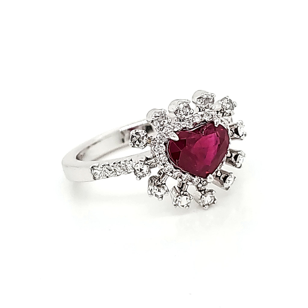 GRS Certified Burmese Pigeon's Blood Ruby Heart and Rose Cut Round Diamond Ring