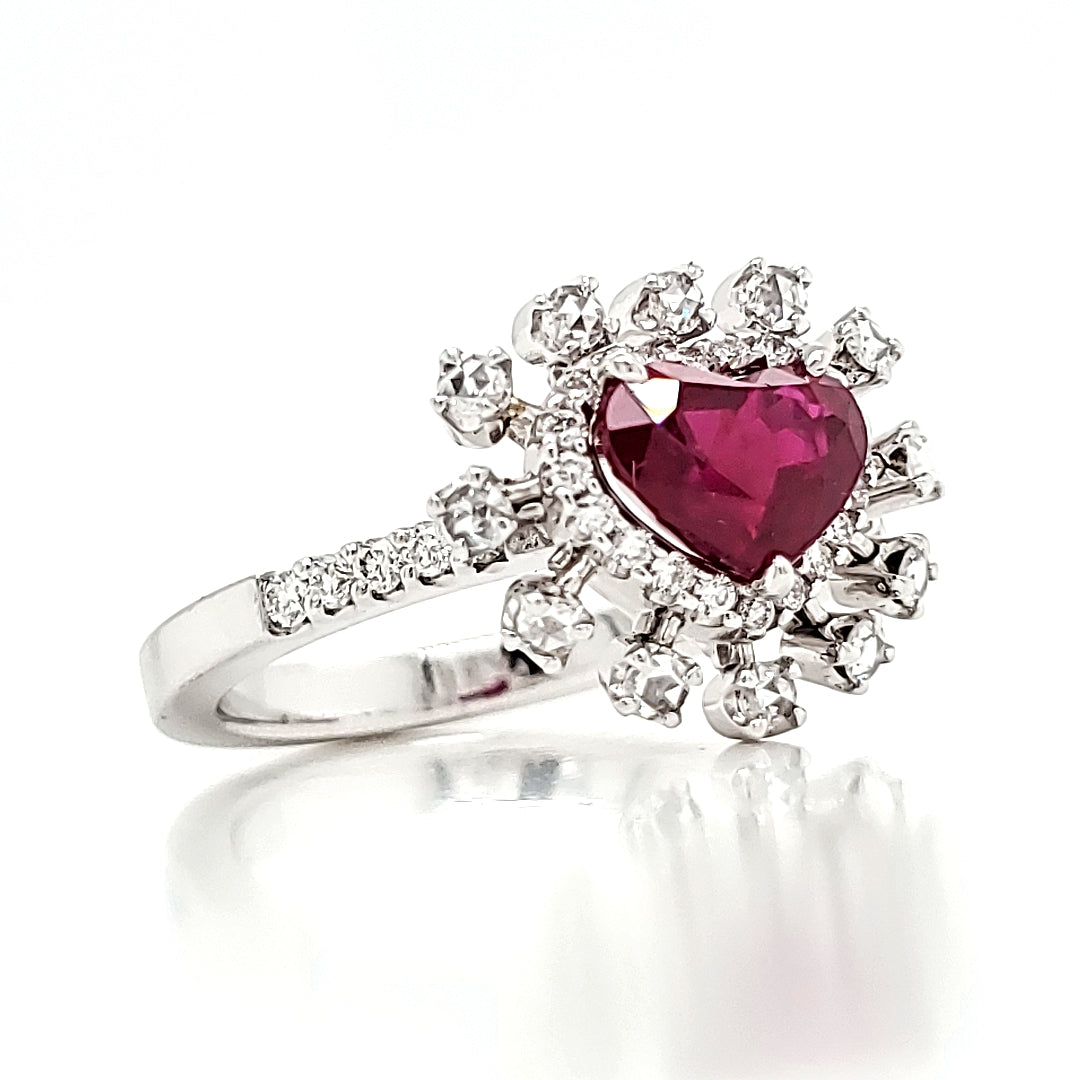 GRS Certified Burmese Pigeon's Blood Ruby Heart and Rose Cut Round Diamond Ring