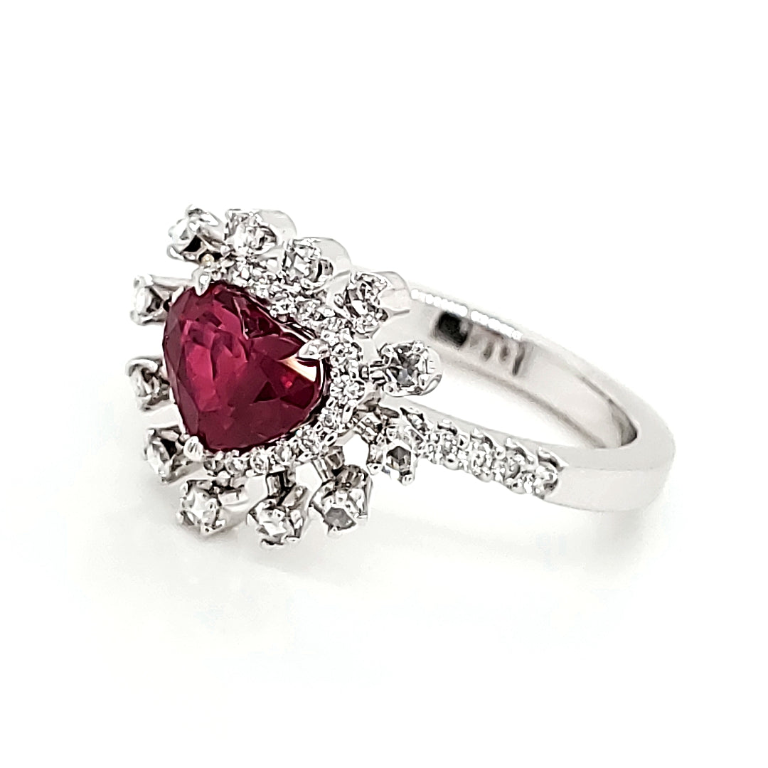 GRS Certified Burmese Pigeon's Blood Ruby Heart and Rose Cut Round Diamond Ring