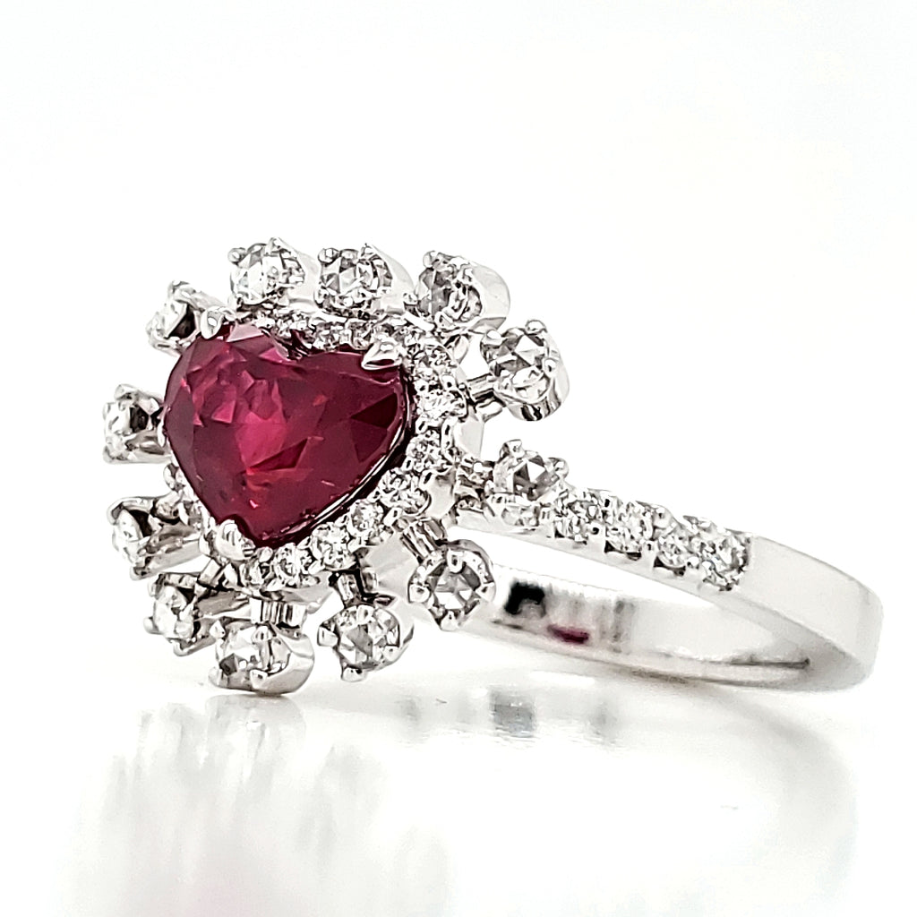 GRS Certified Burmese Pigeon's Blood Ruby Heart and Rose Cut Round Diamond Ring
