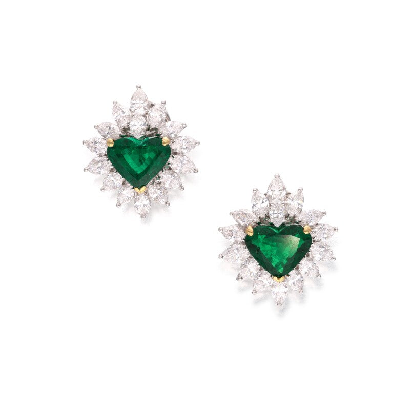 8.34 Carat Gubelin Certified Heart Shaped Emerald and White Diamond Earrings