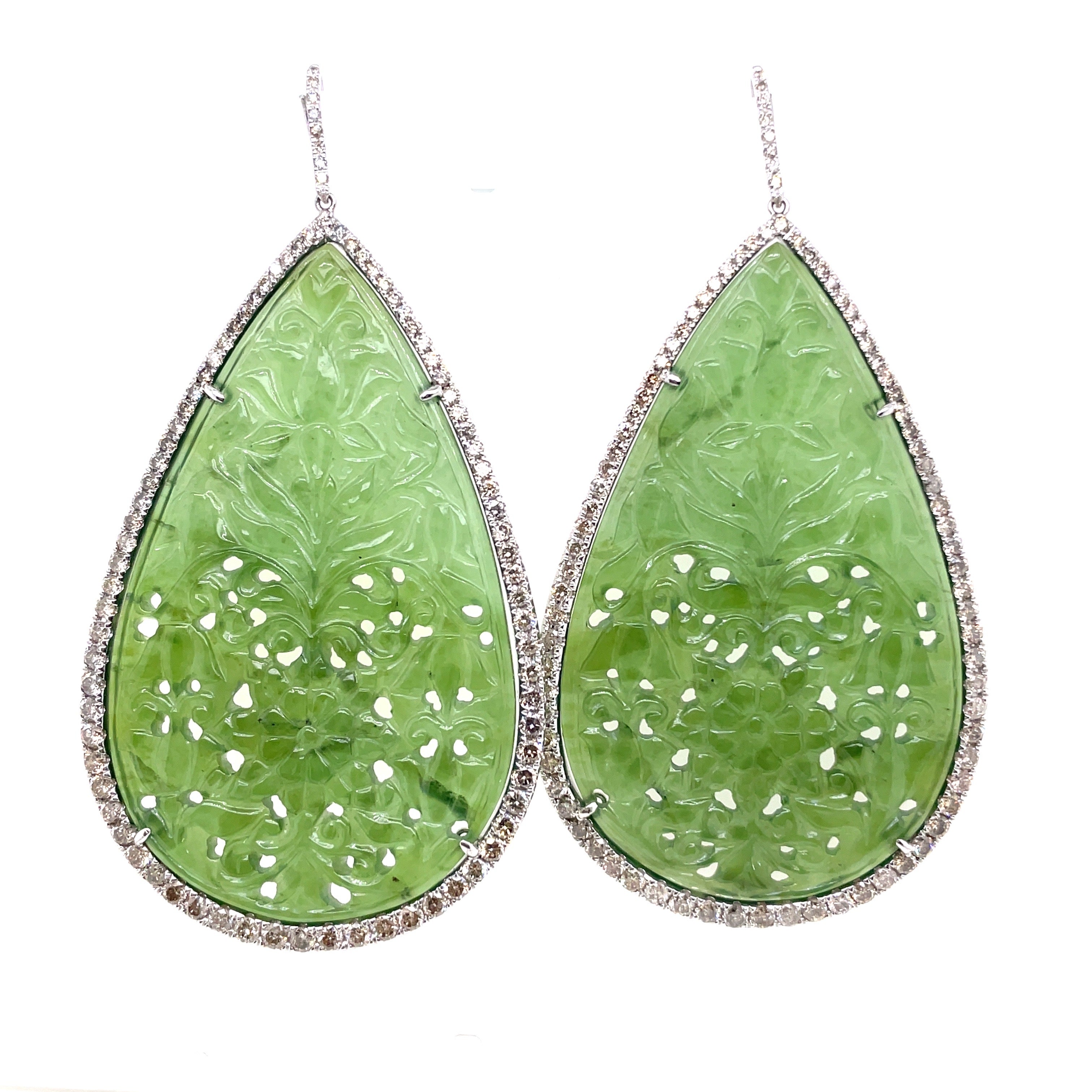 Pear-Shaped Serpentine Carvings Cts 116.39 & Diamond Earrings set 18k White Gold
