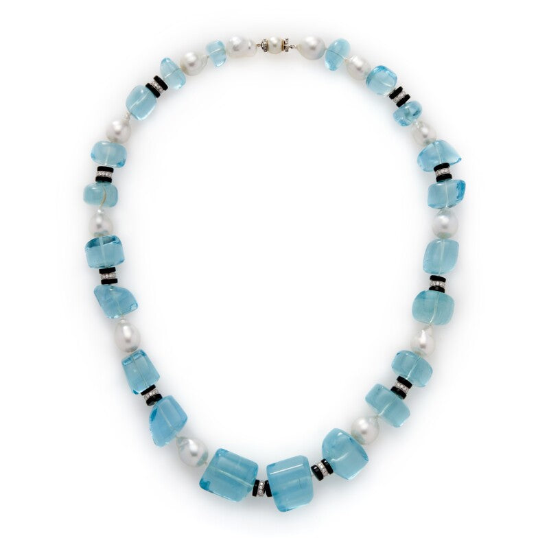 White Gold, Aquamarine, Cultured Pearl, Onyx and Diamond Bead Necklace