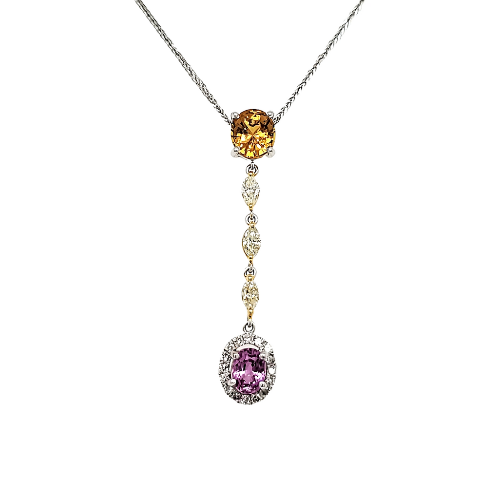Orange and Pink Sapphire Diamond Necklace With 18k White Gold Drop Chain
