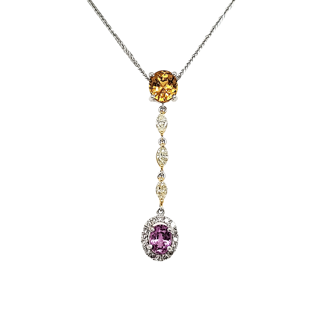 Orange and Pink Sapphire Diamond Necklace With 18k White Gold Drop Chain