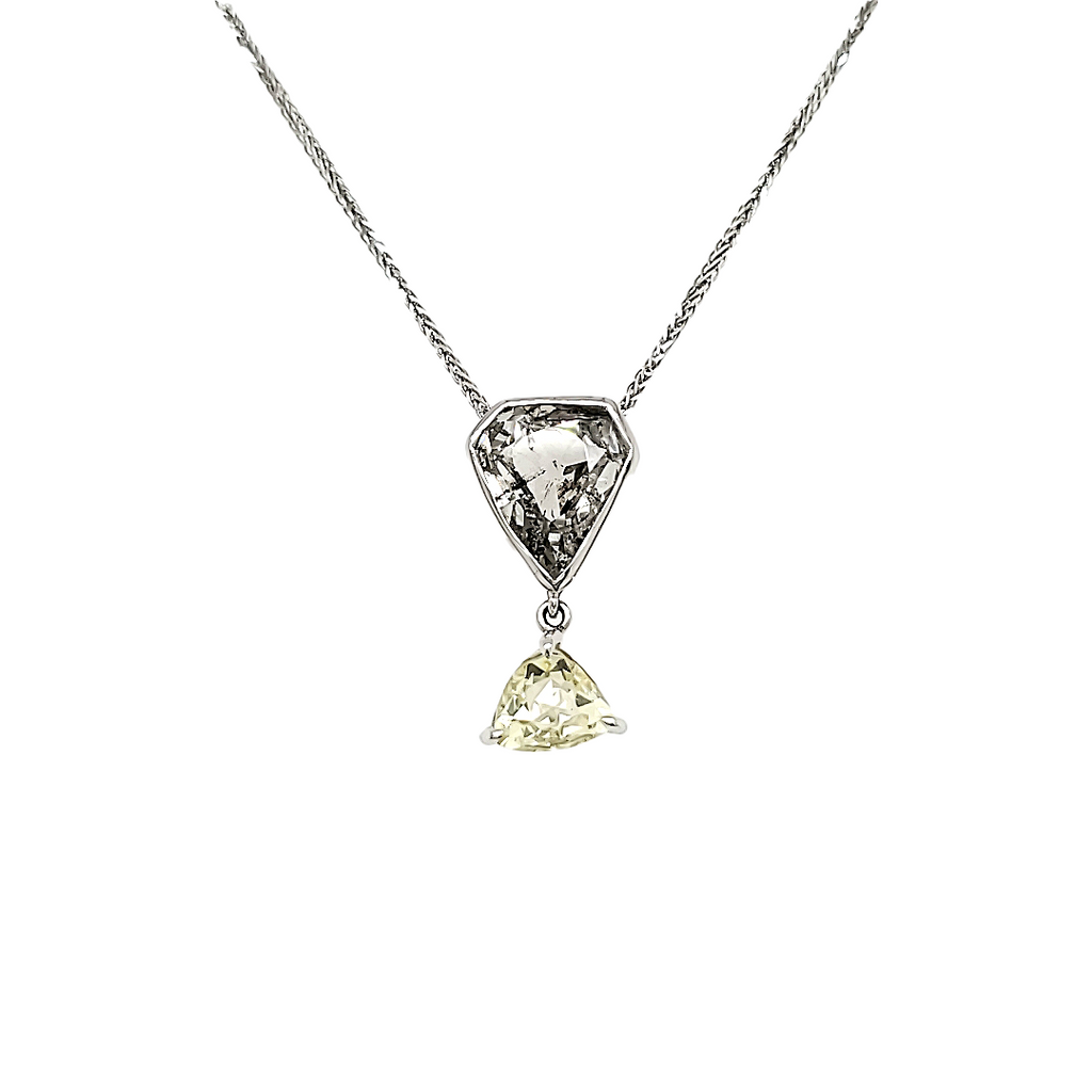 Rose Cut Pear Diamond and Triangular Shape Diamond Drop Necklace with 18k White Gold Chain