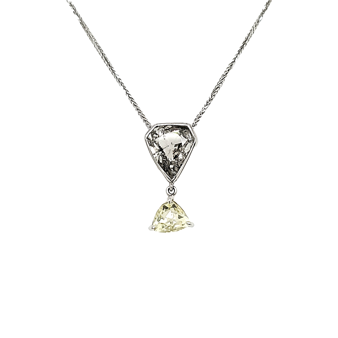 Rose Cut Pear Diamond and Triangular Shape Diamond Drop Necklace with 18k White Gold Chain