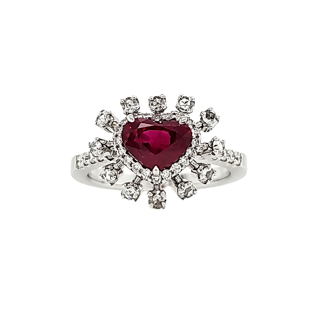 GRS Certified Burmese Pigeon's Blood Ruby Heart and Rose Cut Round Diamond Ring